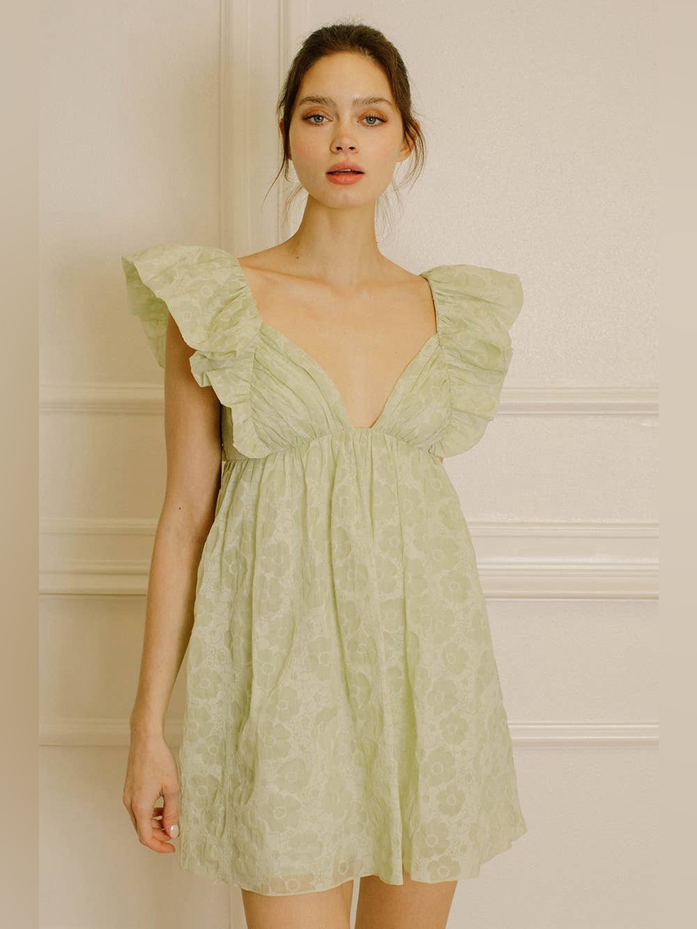 Storia Lydia Baby Doll Mini Dress Sage Green Floral Jacquard Size Small